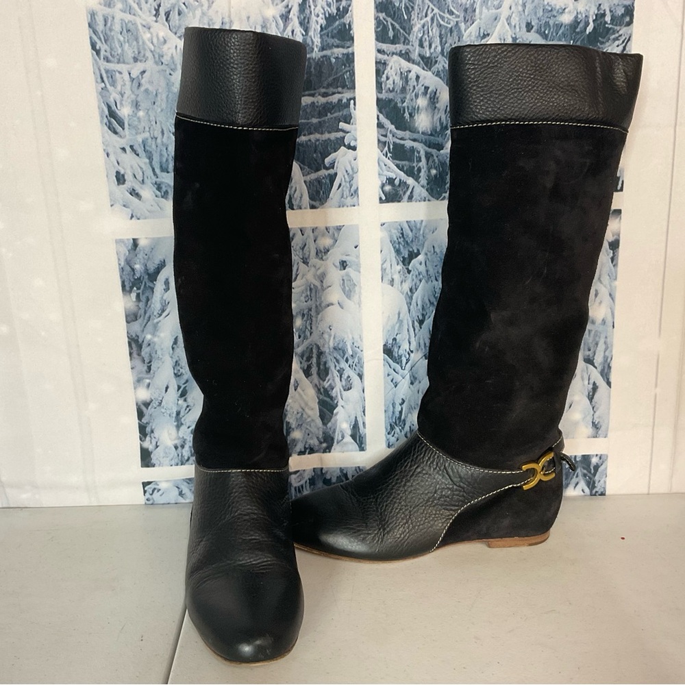 Chloe Black leather Paddington buckle flat boots sz 36.5 6 1/2 #1230
